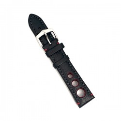 22mm Black & Red Rally Leather Watch Band with Steel Buckle 